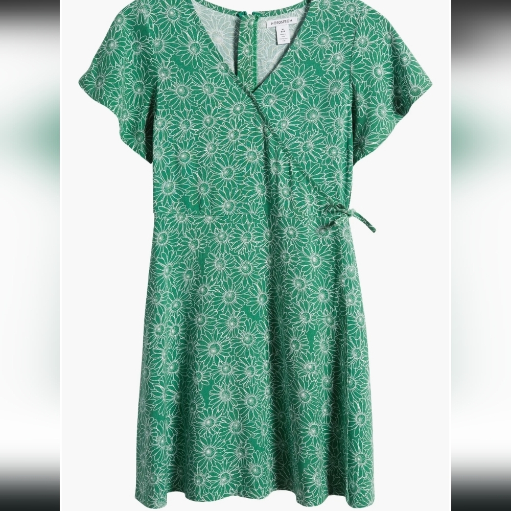 Nordstrom Green Daisy Print Faux Wrap Midi Dress St Patricks Day Size 7/8